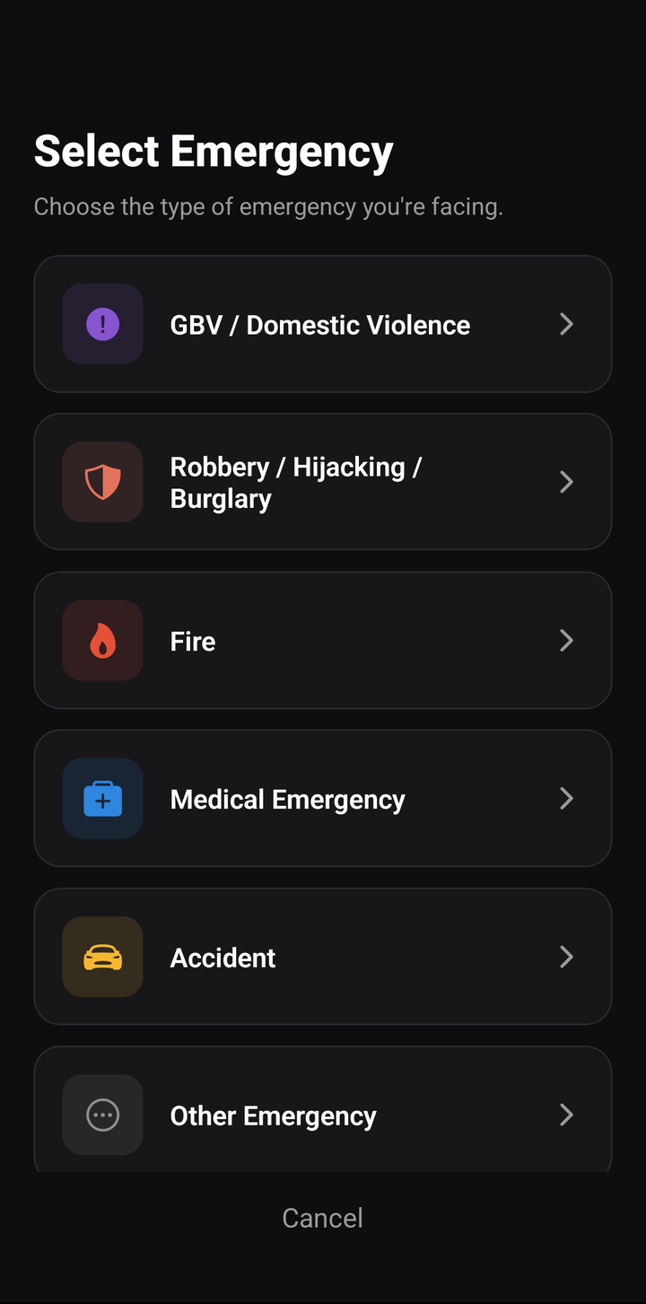 Choosing the type of emergency